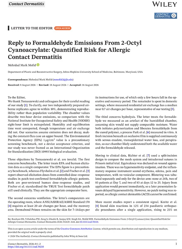 Contact Dermatitis journal letter by Dr. Mehrdad Mark Mofid discussing 2-octyl cyanoacrylate formaldehyde emissions.